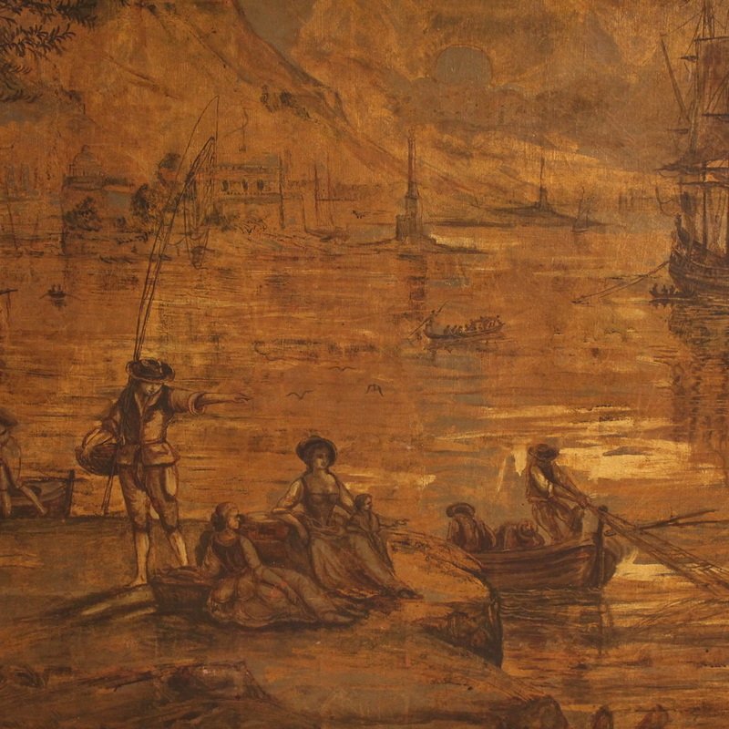 Grand tableau italien du 18ème siècle, paysage avec vue de port et voiliers-photo-2