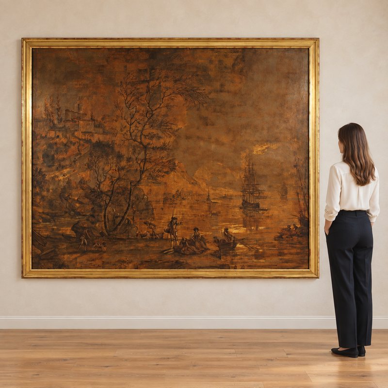 Grand tableau italien du 18ème siècle, paysage avec vue de port et voiliers-photo-5