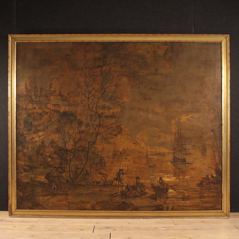 Grand tableau italien du 18ème siècle, paysage avec vue de port et voiliers