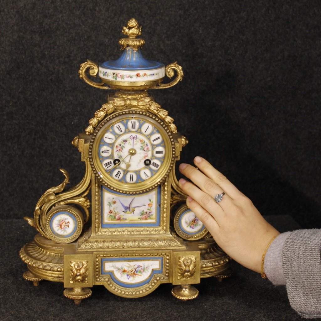 Horloge Française En Bronze Et Laiton Dorés Avec Céramique Peinte-photo-3
