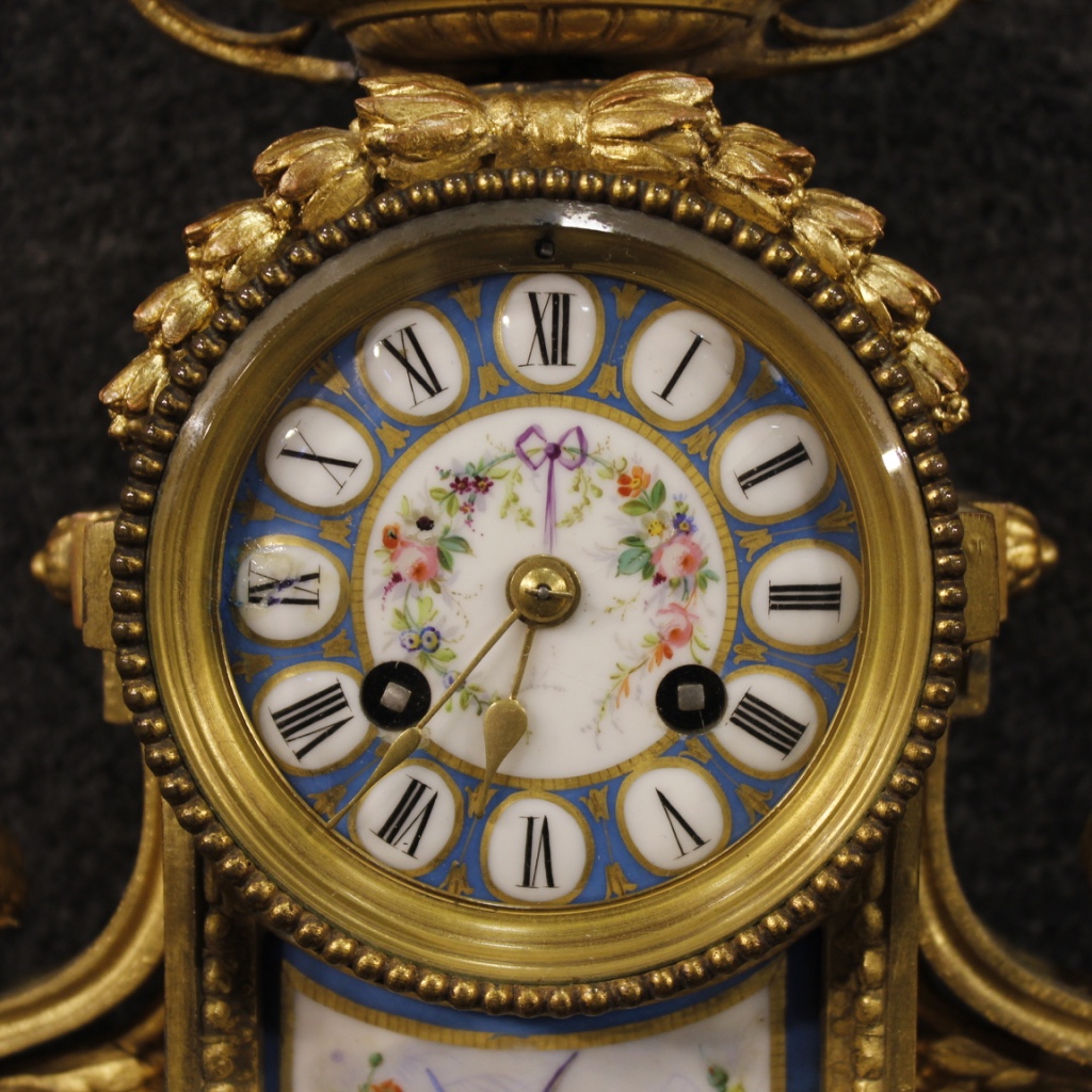 Horloge Française En Bronze Et Laiton Dorés Avec Céramique Peinte-photo-1