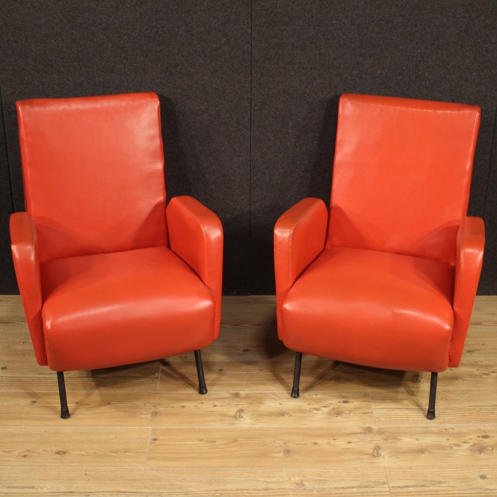 Pair Of Italian Design Armchairs In Red Faux Leather-photo-2