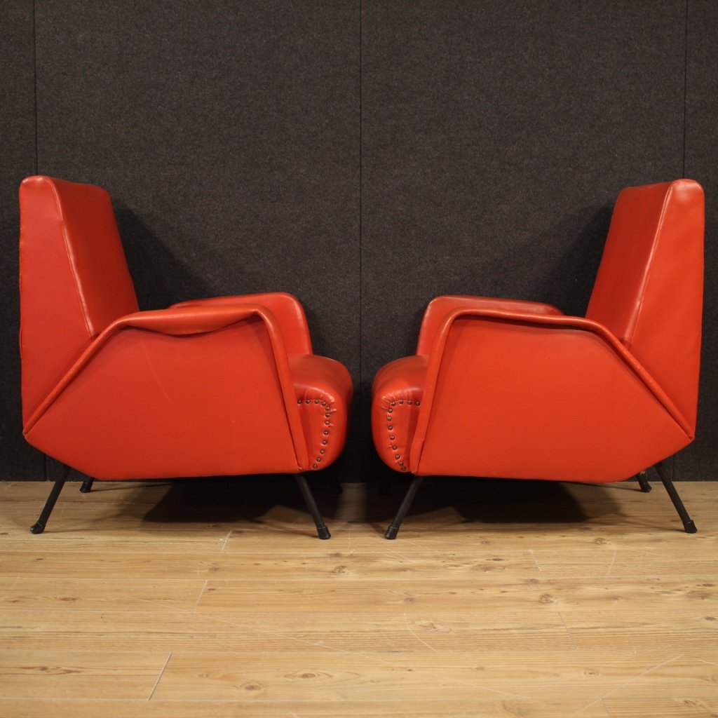 Pair Of Italian Design Armchairs In Red Faux Leather-photo-4