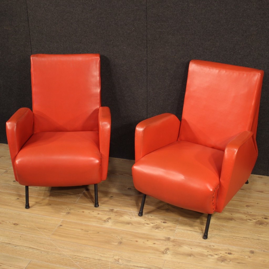 Pair Of Italian Design Armchairs In Red Faux Leather