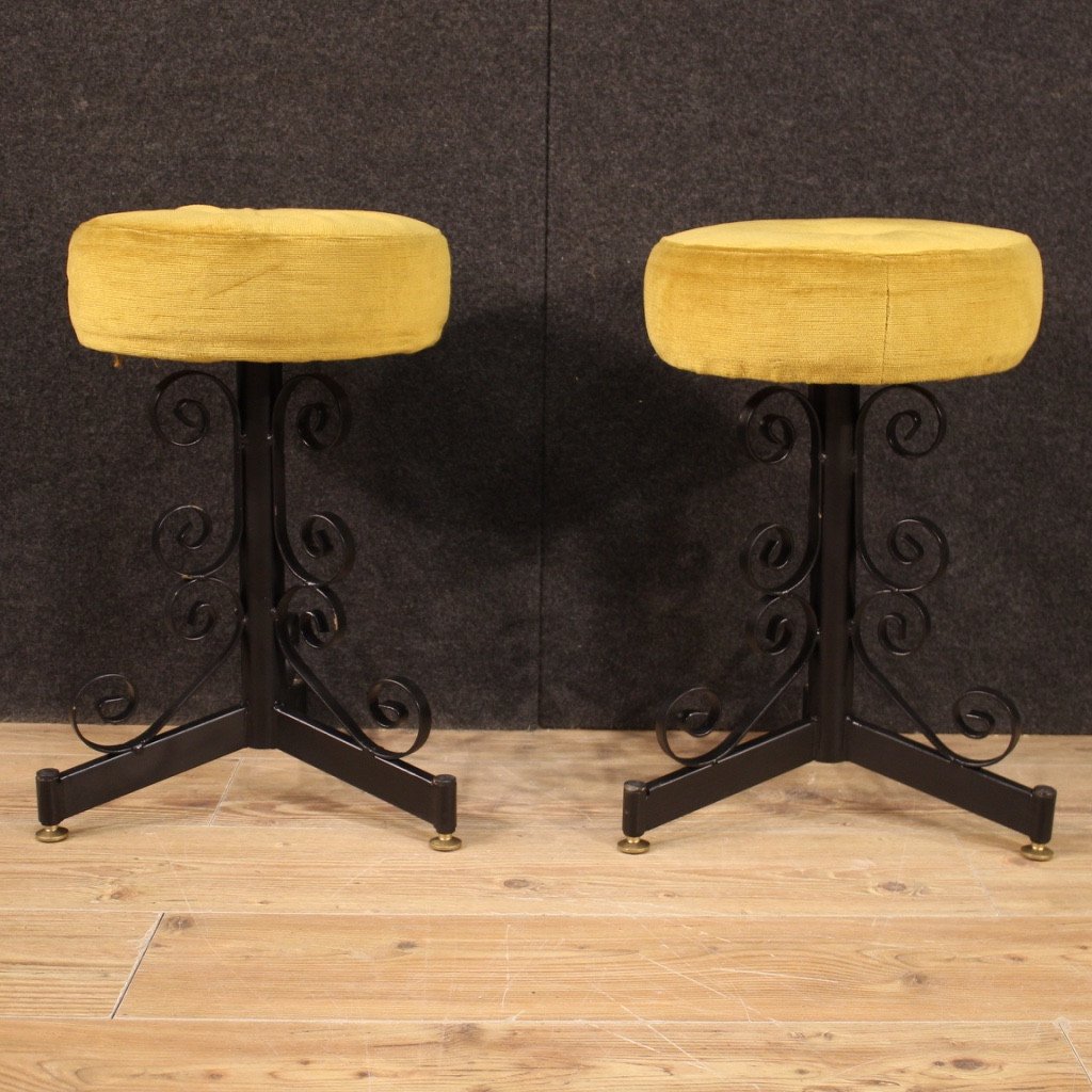 Pair Of Italian Iron Stools With Velvet Seats-photo-6