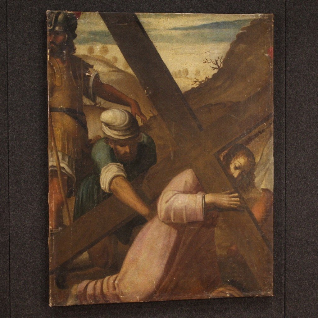 Tableau Ancien Montée Au Calvaire Du 17ème Siècle-photo-3
