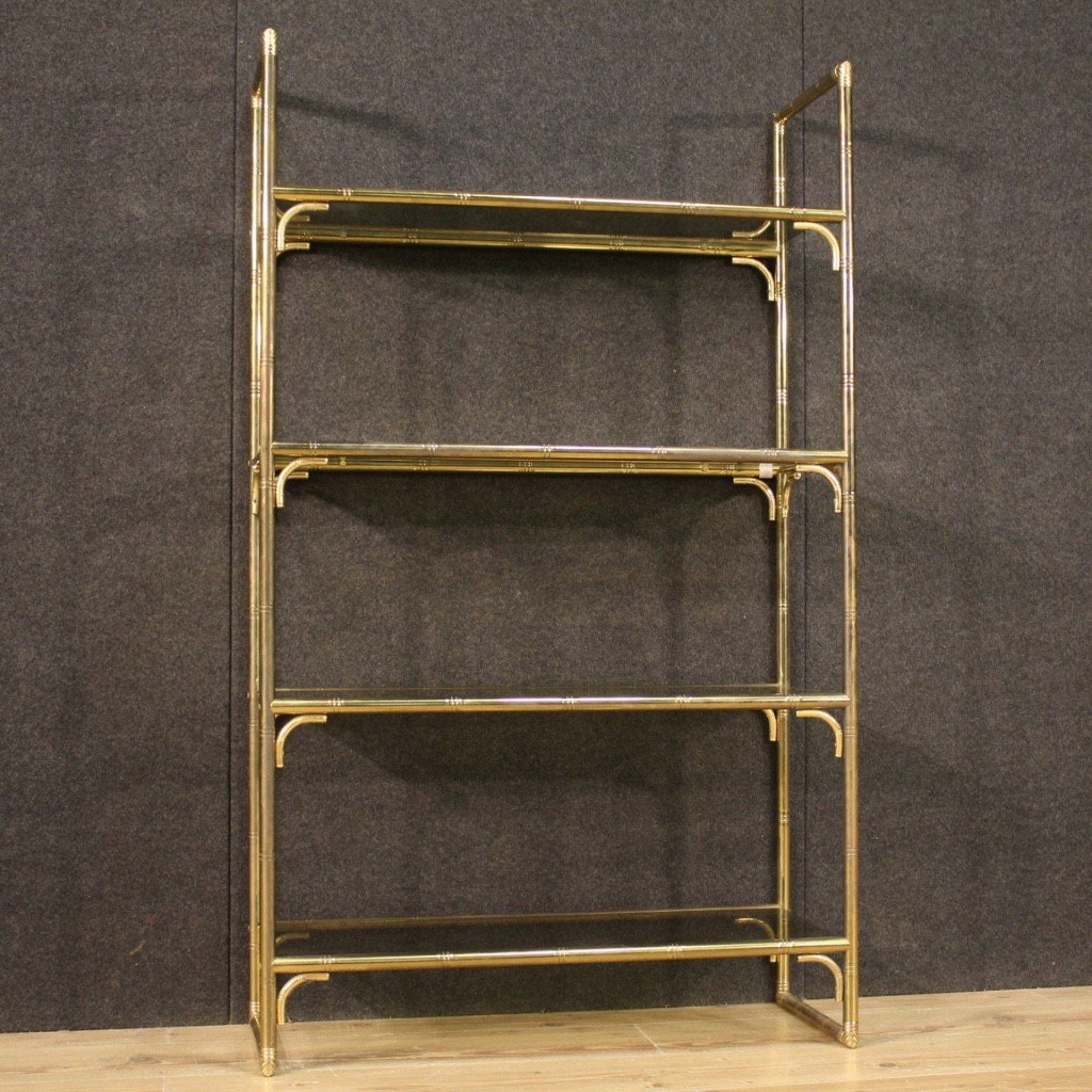 Italian Bookshelf In Golden Metal With Glass Shelves-photo-5