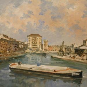 Tableau Italien Signé Paysage Vue De La Rivière Avec Bateaux