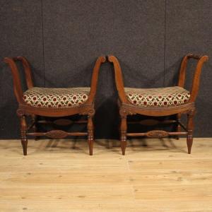 Pair Of Italian Benches Charles X Era In Walnut Wood