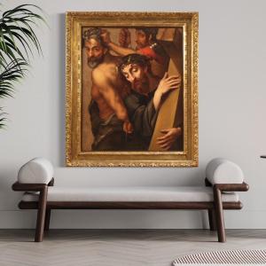 Antique Flemish Religious Painting Christ Carrying The Cross From 17th Century