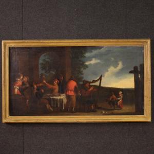 Painting Oil On Canvas From The 17th Century, Bamboccianti Genre Scene