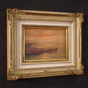 Italian Seascape Signed Remo Testa, Fishermen At Sunset