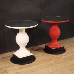 Pair Of Design Side Tables In Wood And Iron From 70's