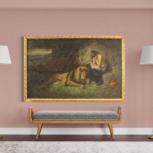 Italian Religious Painting With Frame Saint Jerome With Lion 