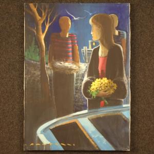 Tableau Italien Signé Personnages Dans La Nuit