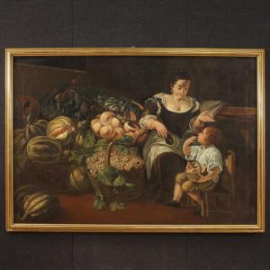 Great Italian Painting From The 18th Century, Genre Scene With Still Life