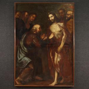 Grand Tableau Italien Du 17ème Siècle, l'Incrédulité De Saint Thomas