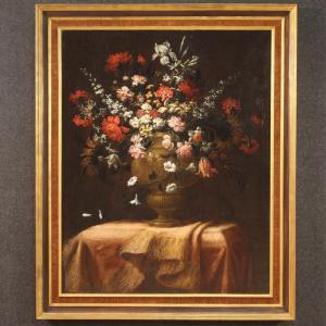 Ancien tableau du 17ème siècle, nature morte au vase de fleurs