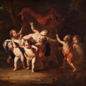 Peinture flamande antique du 18ème siècle, Bacchanale