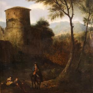Antique 18th Century Painting On Panel, Arcadian Landscape With Knight
