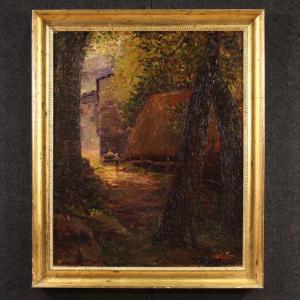 Peinture impressionniste italienne d'un paysage de campagne avec des personnages signée