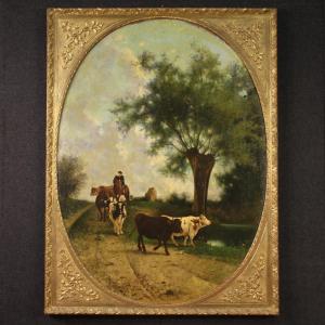 Ancien tableau italien de paysage signé et daté 1881