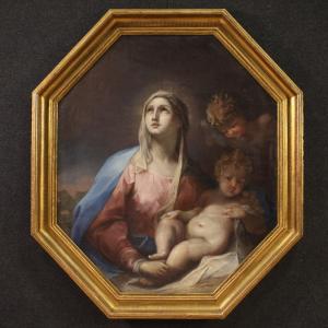 Great 18th-century Octagonal Painting, Madonna With Child And Cherub