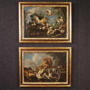 Paire de tableaux flamands du 18ème siècle, scènes de chasse