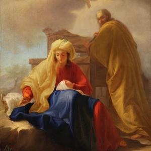 Ancien tableau italien du 18ème siècle, Saint Joseph et la Vierge Marie
