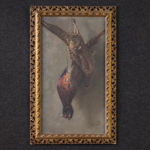 Tableau signé nature morte au gibier du 20ème siècle