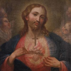 Antique Italian Painting Sacred Heart Of Jesus From The 18th Century
