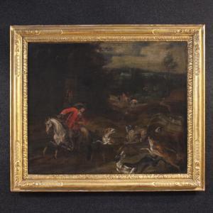 Antique Italian Painting Of A Deer Hunting Scene From The 18th Century