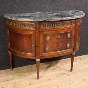 Commode française demi-lune de style Louis XVI avec dessus en marbre