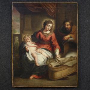 Ancien tableau flamand Sainte Famille du 18ème siècle