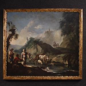 Great 18th Century Italian Painting, Landscape With Genre Scene