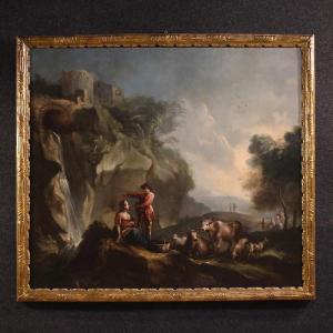 Great 18th Century Italian Painting, Landscape With Pastoral Scene And Figures