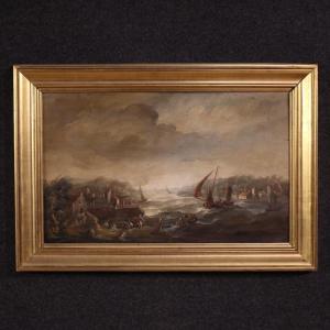 Peinture flamande marine avec bateaux et personnages du 20ème siècle