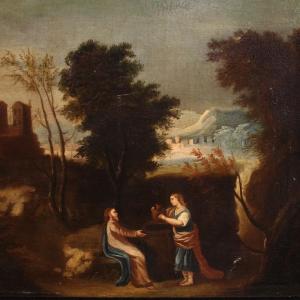 Antique Spanish Painting Of Jesus And The Samaritan Woman At The Well From The 17th Century