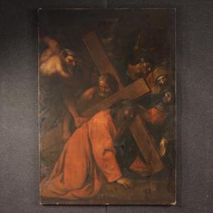 Antique Italian Painting The Way Of The Cross From The 17th Century