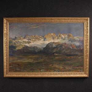 Ancienne peinture italienne signée paysage de montagne du 19ème siècle