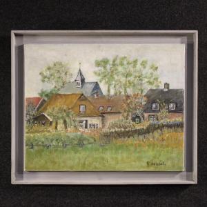 Peinture néerlandaise vue de maisons de style impressionniste