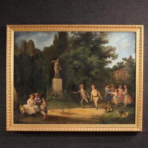 Tableau français scène de genre représentant un parc avec des enfants jouant