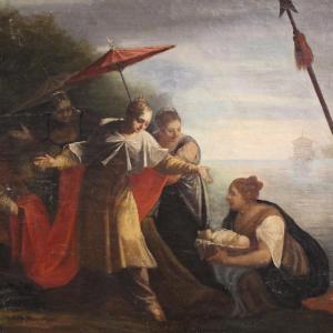 Ancien tableau italien du 18ème siècle, Moïse sauvé des eaux