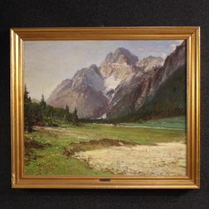 Peinture italienne vue de montagne Croda Rossa d'Ampezzo signée Bentivoglio