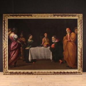 Grand tableau italien du 17ème siècle, Le Festin d'Hérode avec Salomé et la tête de Baptiste