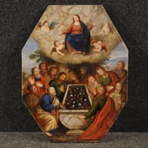 Peinture à l'huile ancienne sur marbre du 16ème siècle, Assomption de la Vierge