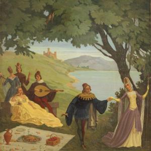 Tableau Italien De Paysage Avec Personnages Du 20ème Siècle