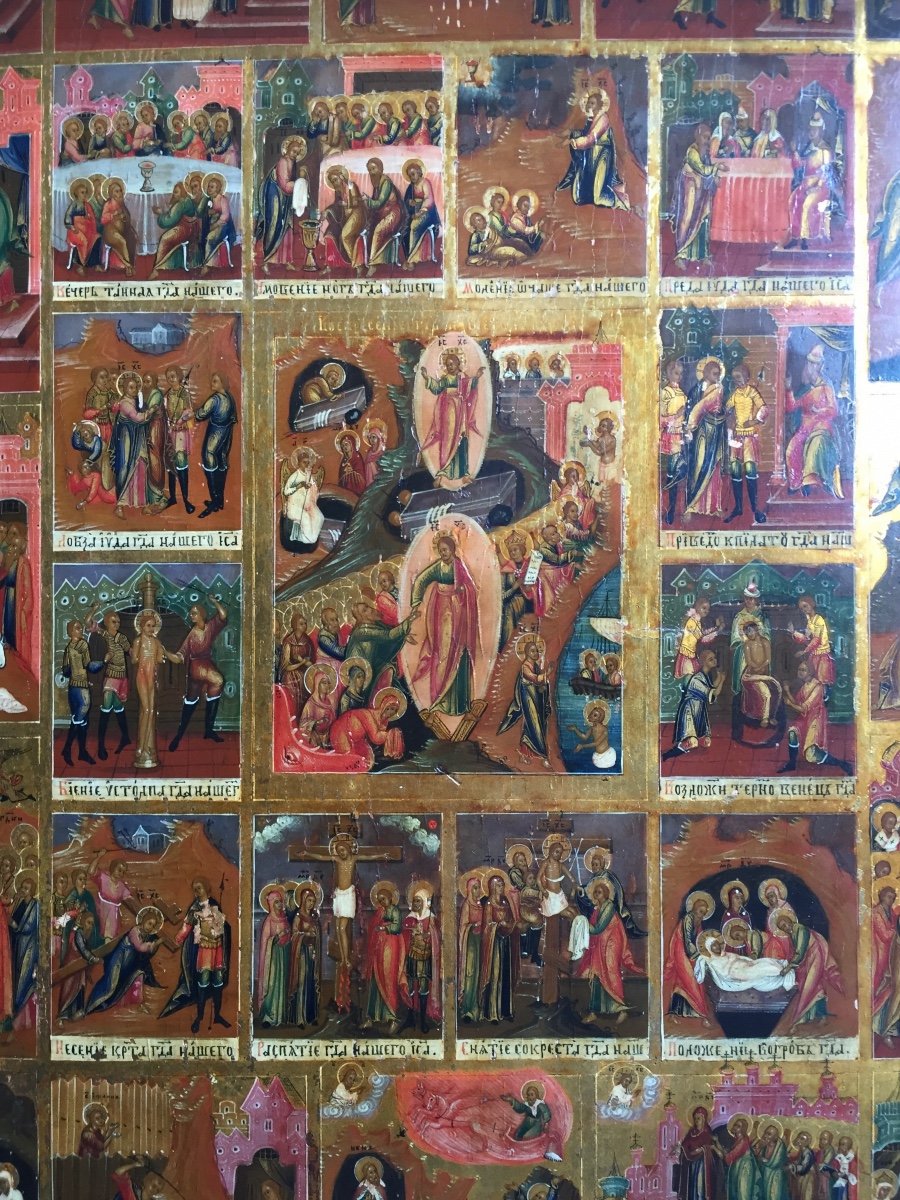 Spectaculaire Icône Des Grandes Fêtes Et De La Passion Du Christ, Russie 19e Siècle / Orthodoxe Icone / Icon / Vierge / Marie / Résurrection-photo-2