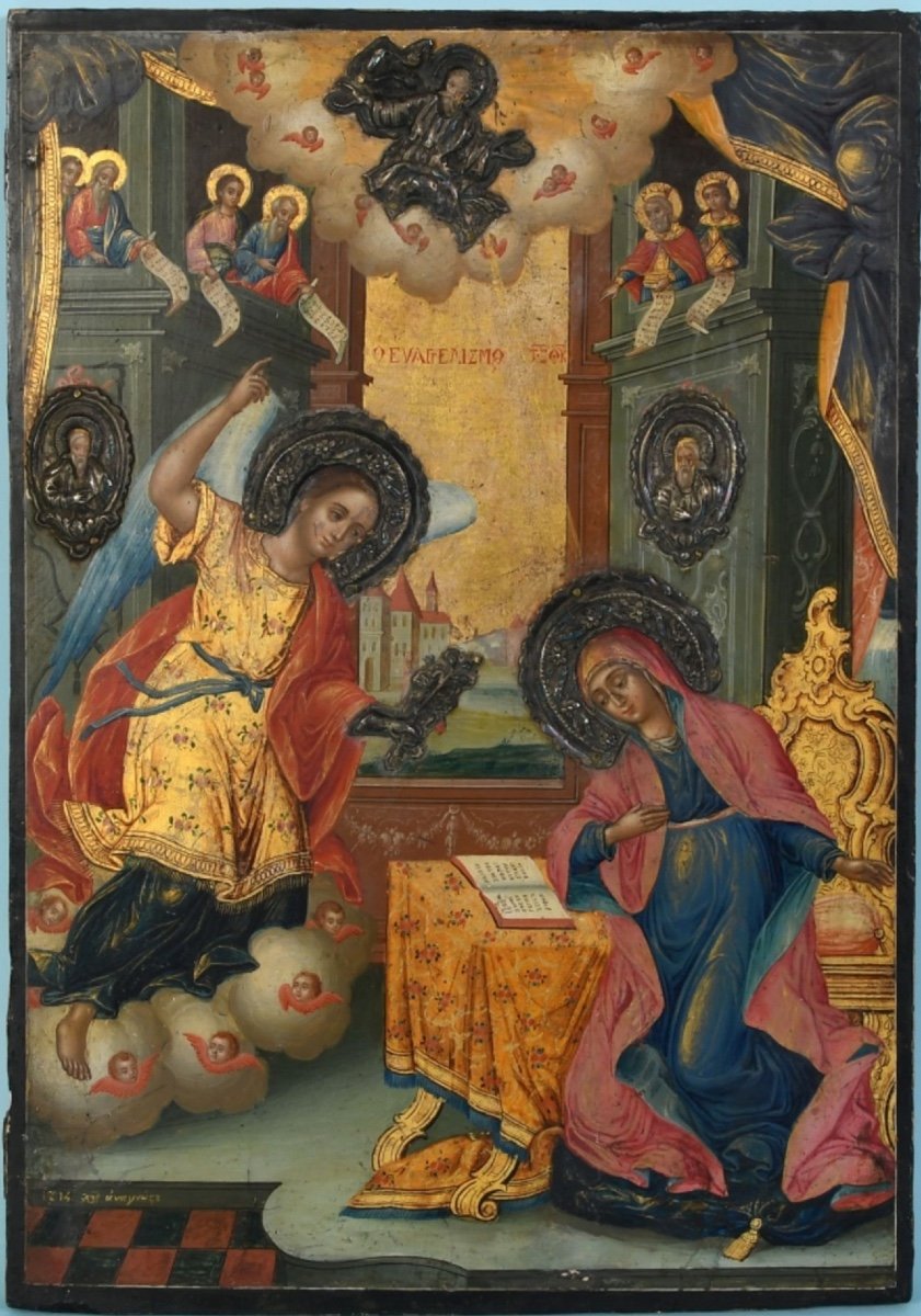 Large Greek Icon Of The Annunciation, Dated 1814 And Signed / Orthodox Icône / Icone