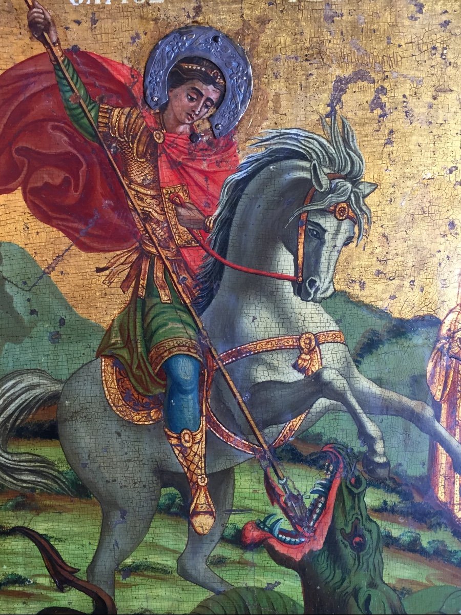 Icon Of Saint George Slaying The Dragon, Greece 19th Century / Greek Orthodox /  Icone / Ikone -photo-2